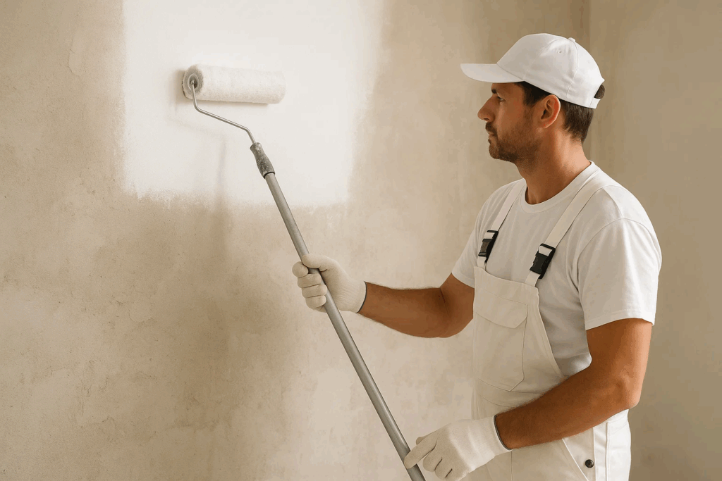 Homem aplicando primer para aplicar a tinta para parede
